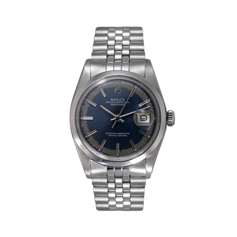 Datejust 36mm en acier, cadran bleu patiné, lunette lisse, bracelet jubilé acier