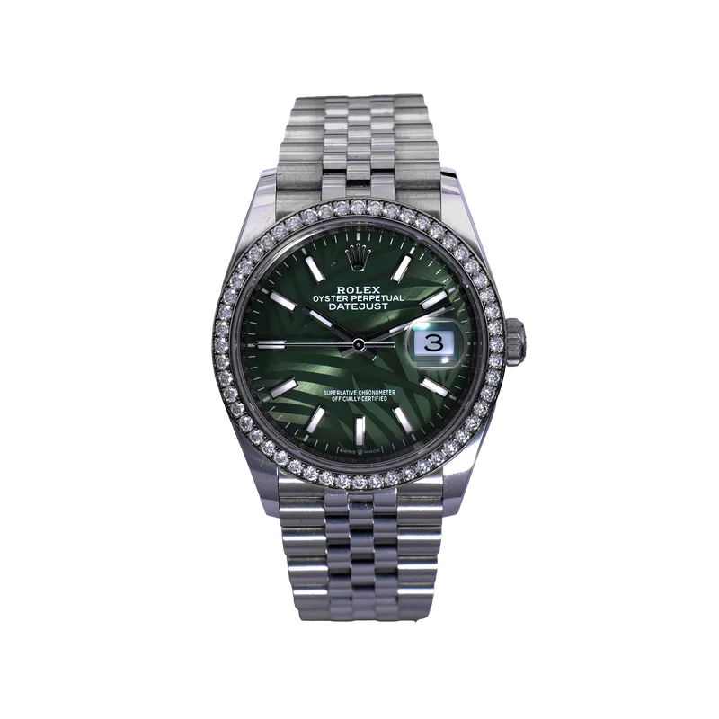 Oyster Perpetual Datejust 36mm en acier, lunette sertie, cadran vert Palm Motif, bracelet jubilé acier