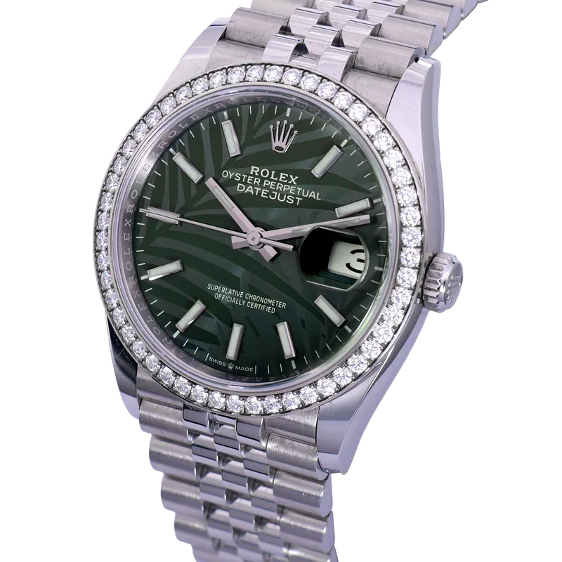Oyster Perpetual Datejust 36mm en acier, lunette sertie, cadran vert Palm Motif, bracelet jubilé acier – vue 2