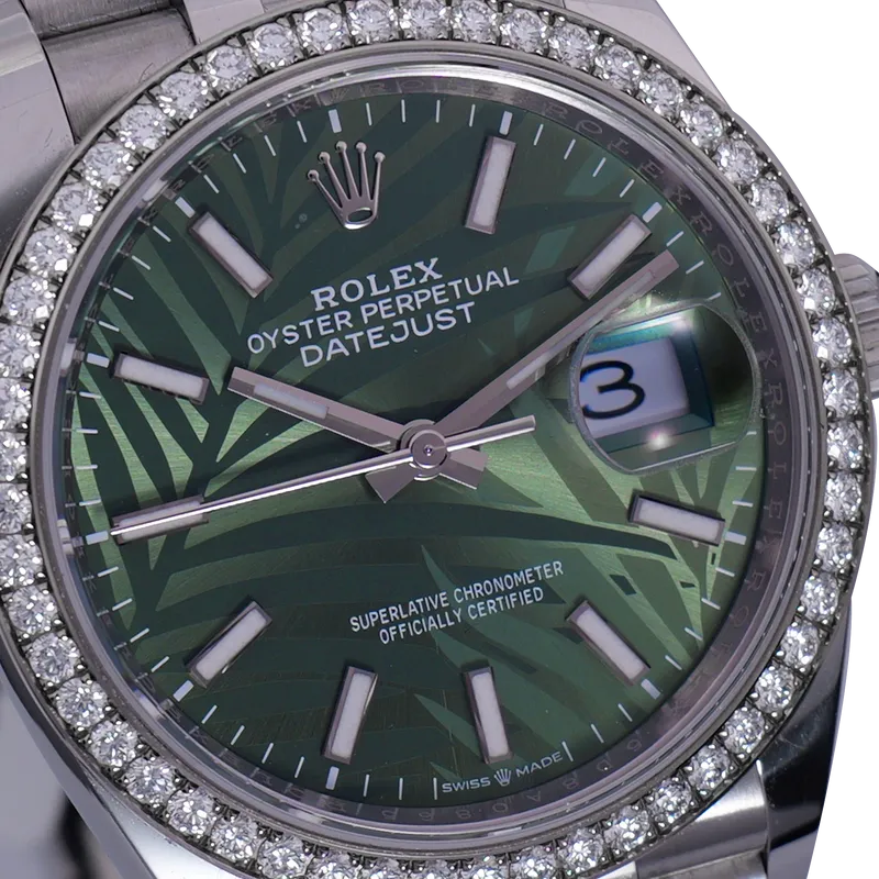 Oyster Perpetual Datejust 36mm en acier, lunette sertie, cadran vert Palm Motif, bracelet jubilé acier — 126284RBR - vue 3