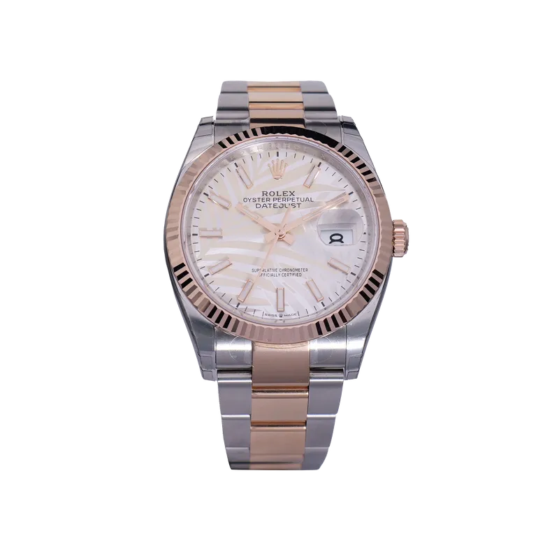 Oyster Perpetual Datejust, 36mm en or rose/acier, cadran silver Palm Motif, lunette cannelée,  bracelet oyster or rose/acier