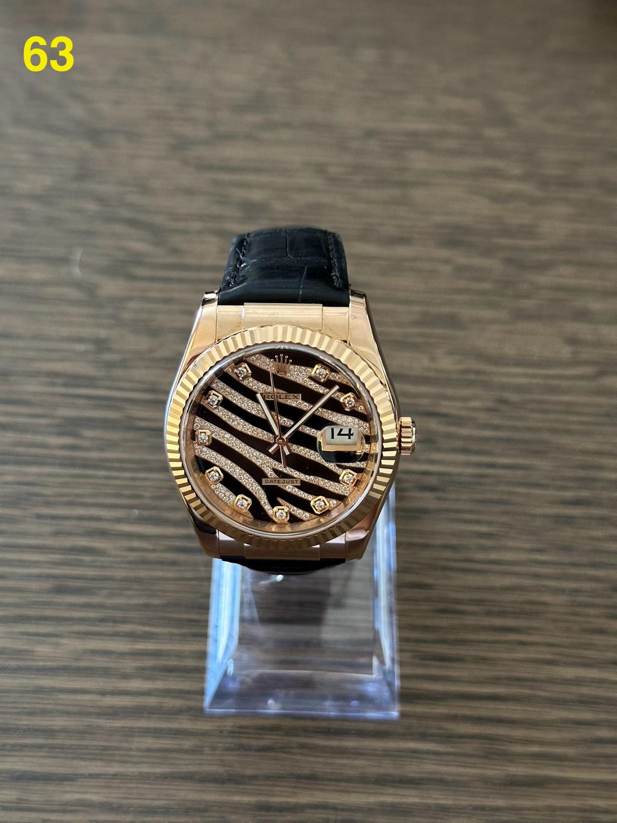 DateJust en or rose, cadran ZEBRE pavé, bracelet en cuir, BD en or rose.  — 116135 - vue 4