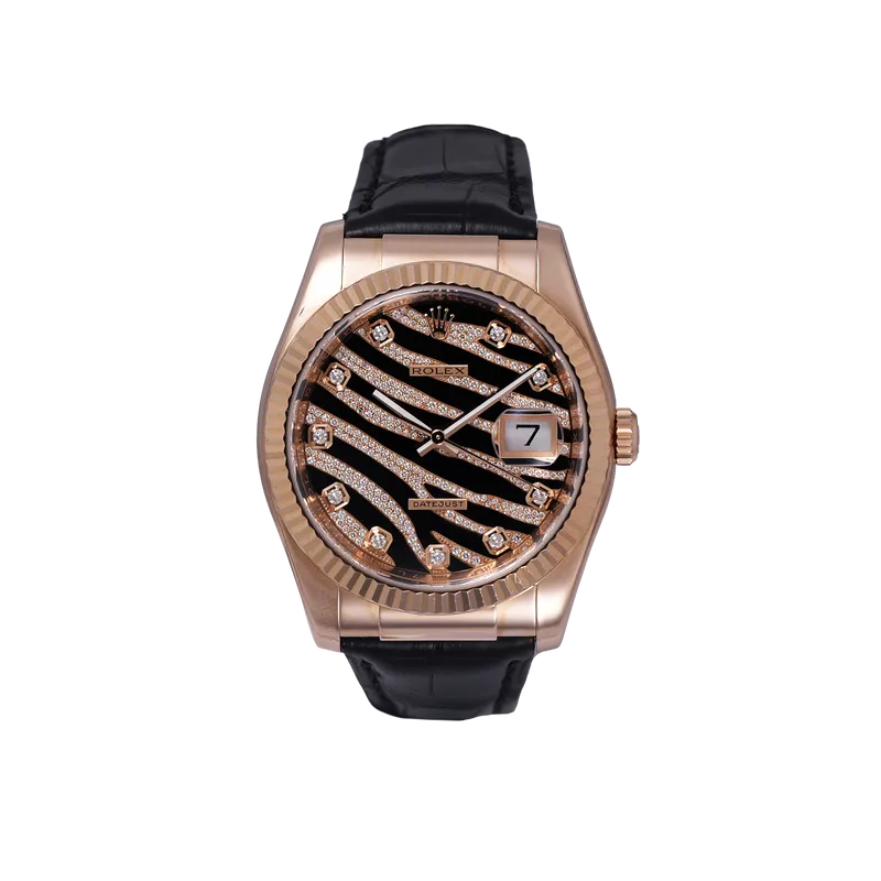 DateJust en or rose, cadran ZEBRE pavé, bracelet en cuir, BD en or rose. 