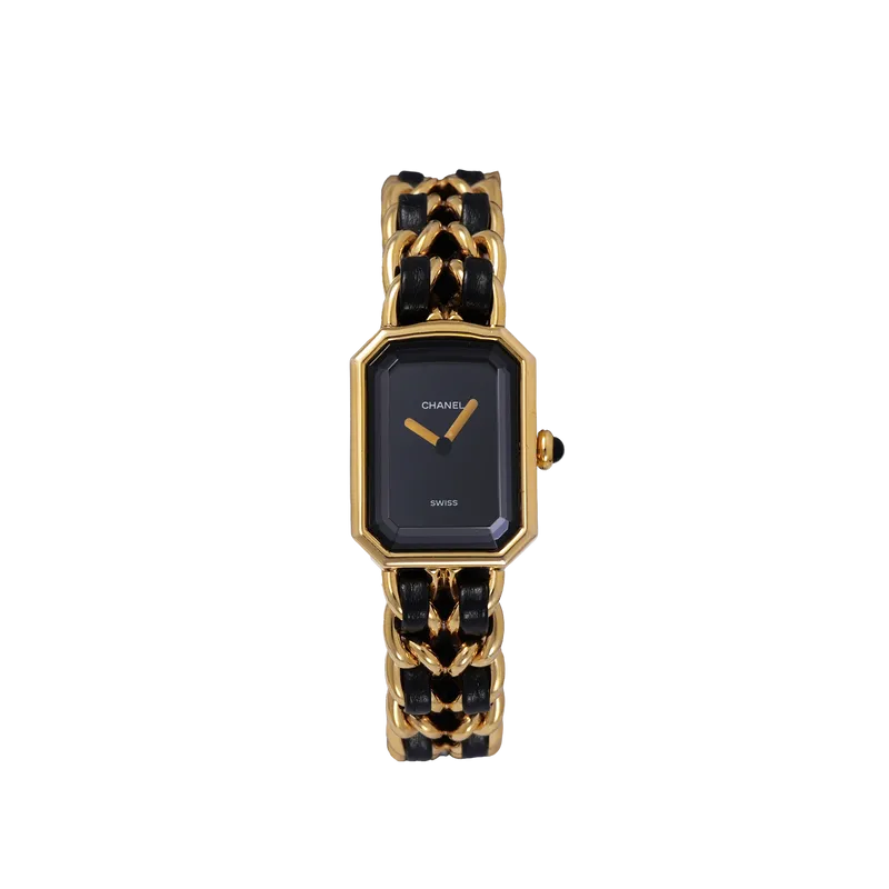 Premier M en acier inoxydable plaqué or, bracelet cuir et acier inoxydable. 