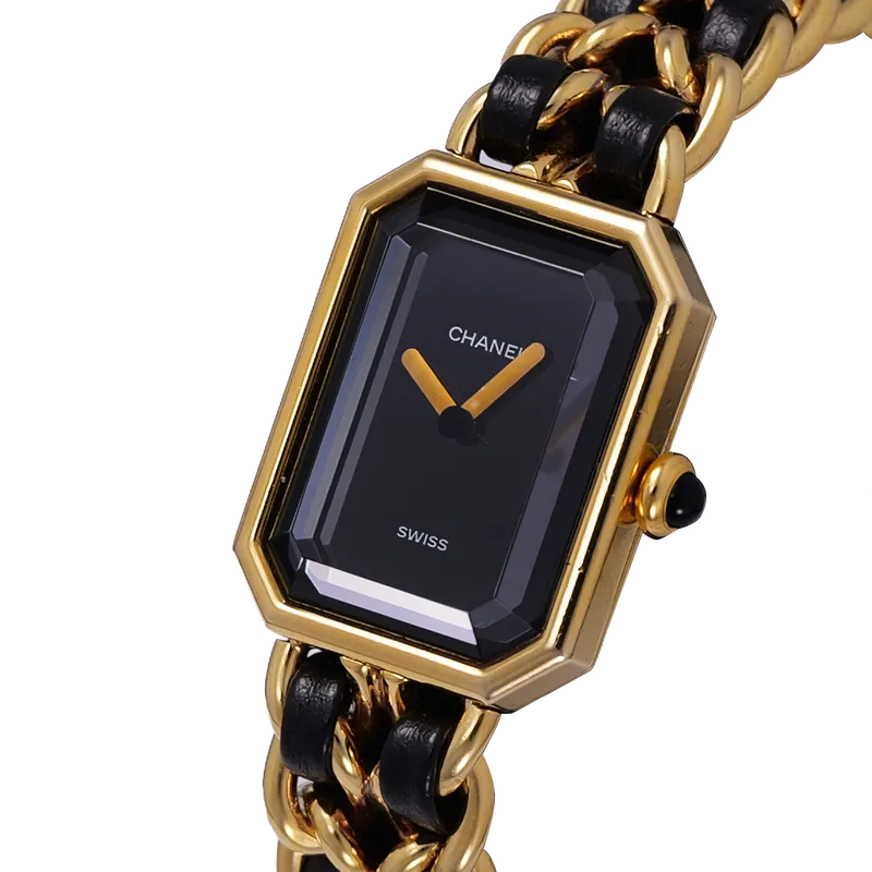 Premier M en acier inoxydable plaqué or, bracelet cuir et acier inoxydable.  – vue 2