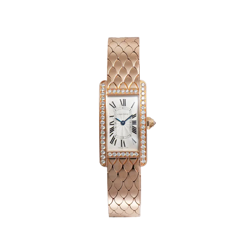 Tank Américaine en or rose, cadran argenté guilloché, lunette sertie, bracelet or rose