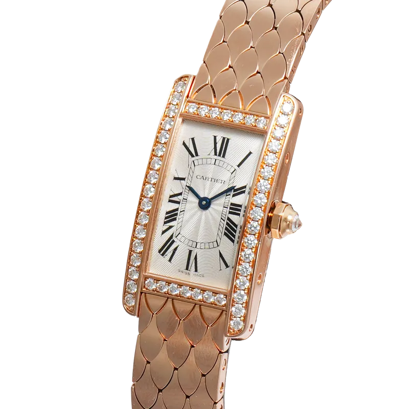 Tank Américaine en or rose, cadran argenté guilloché, lunette sertie, bracelet or rose – vue 2