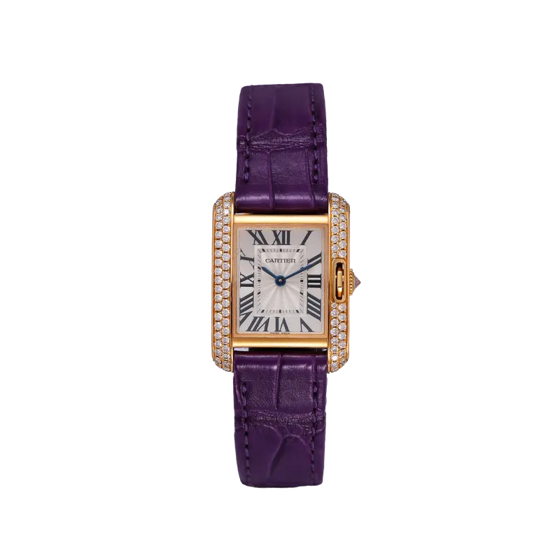 Tank Anglaise en or rose, lunette sertie, bracelet en cuir violet, BD en or rose. 