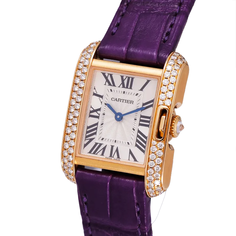 Tank Anglaise en or rose, lunette sertie, bracelet en cuir violet, BD en or rose.  – vue 2