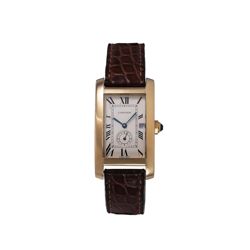 Tank Américaine en or jaune, bracelet en cuir , BD en or jaune. 