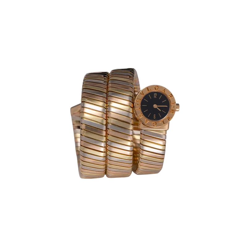 Serpenti Tubogas 3 ors (or rose, or jaune, or blanc), cadran noir, bracelet 3 ors. 