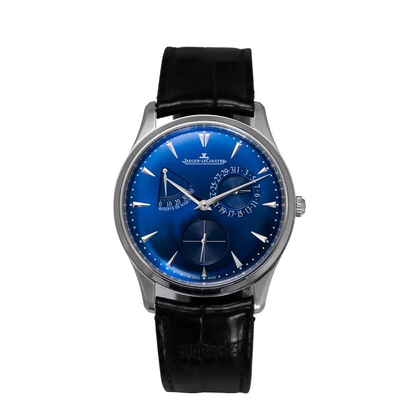Master Ultra Thin Réserve de Marche 39 mm en acier, cadran bleu soleillé, bracelet en cuir, BD acier