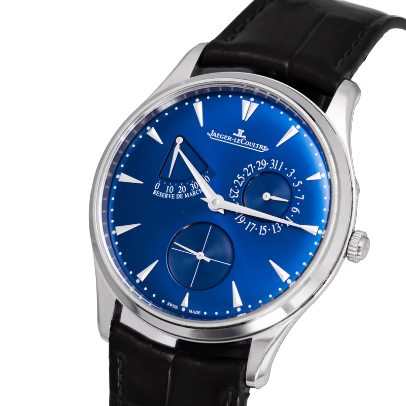 Master Ultra Thin Réserve de Marche 39 mm en acier, cadran bleu soleillé, bracelet en cuir, BD acier – vue 2