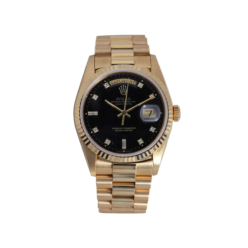 Oyster Perpetual Day-Date 36mm en or jaune, cadran noir restauré, index sertis, bracelet Président or jaune