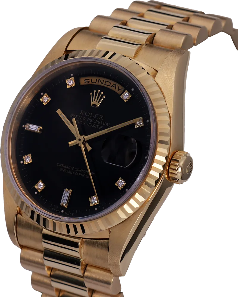 Oyster Perpetual Day-Date 36mm en or jaune, cadran noir restauré, index sertis, bracelet Président or jaune – vue 2