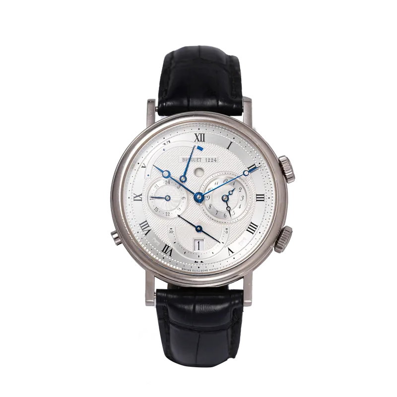 Réveil du Tsar en or blanc, bracelet en cuir, BD en or blanc. 