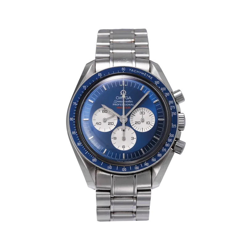 Speedmaster  en acier 42mm, cadran bleu, bracelet en acier. 