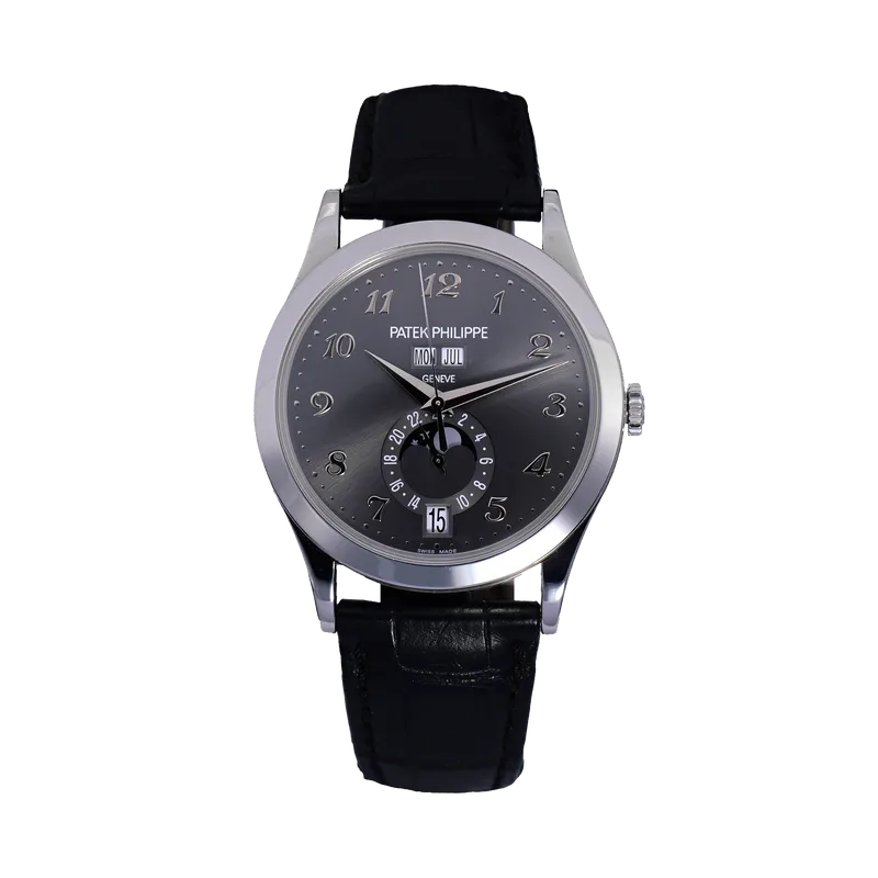 Quantième annuel 38,5mm or gris, cadran gris ardoise, bracelet cuir BD or gris 