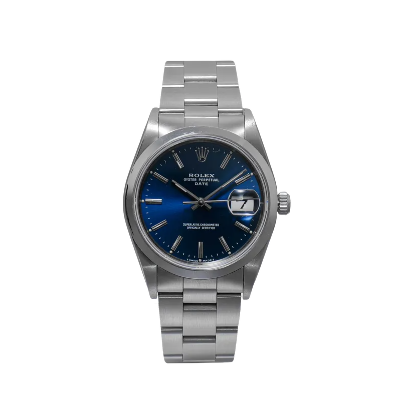 Oyster Perpetual Date 34mm en acier, cadran bleu, lunette lisse, bracelet Oyster acier