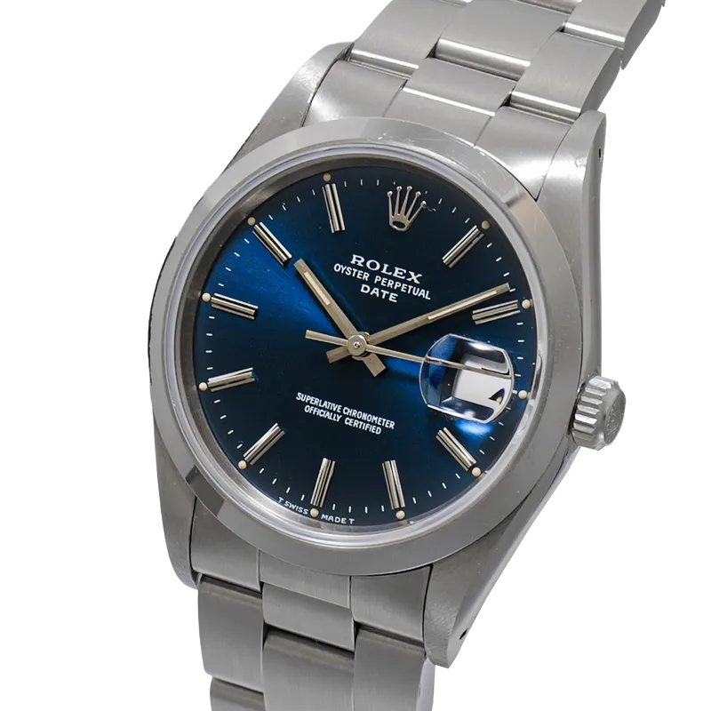 Oyster Perpetual Date 34mm en acier, cadran bleu, lunette lisse, bracelet Oyster acier – vue 2