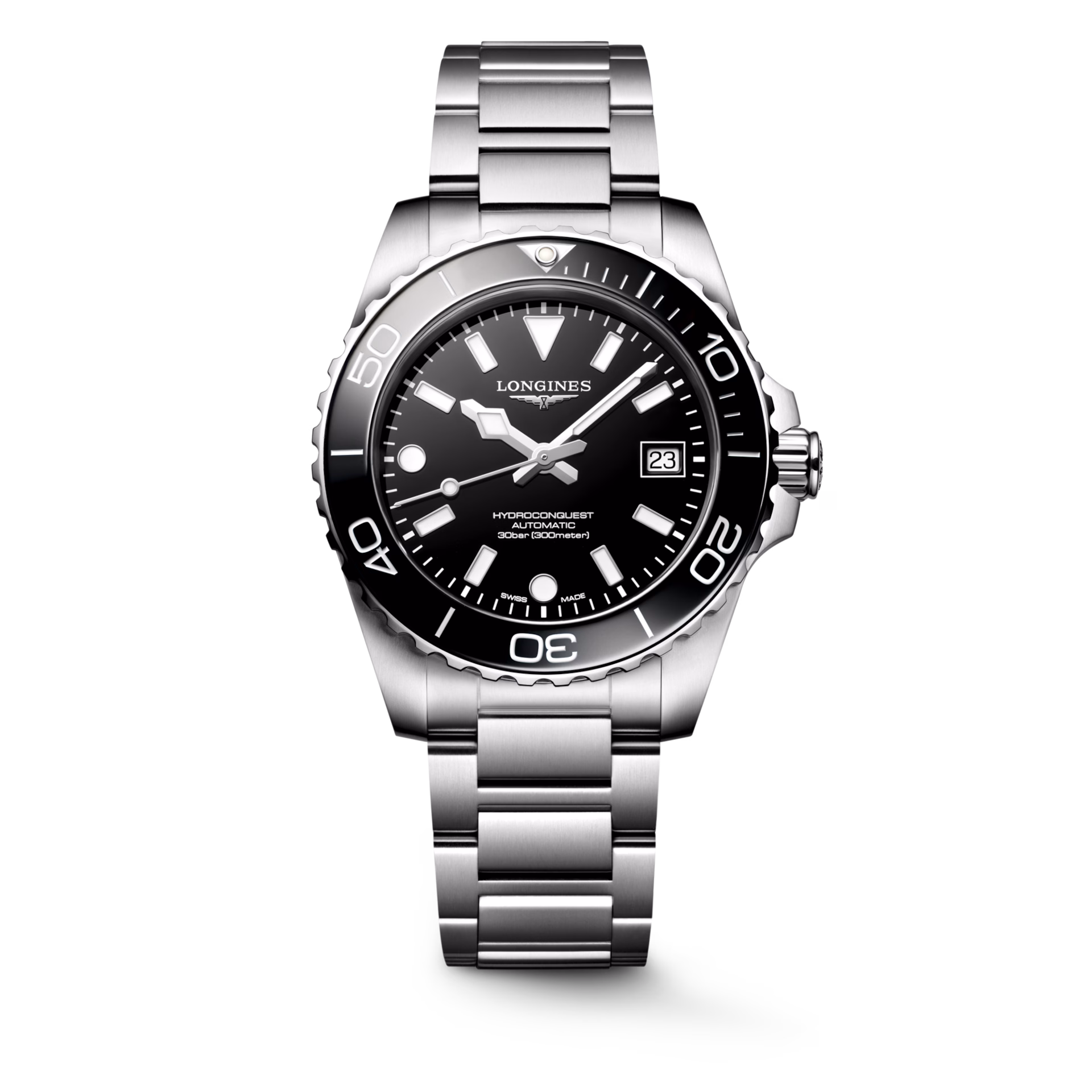 Montre HYDROCONQUEST lunette céramique noire, Bracelet acier, Cadran noir laqué poli - LONGINES