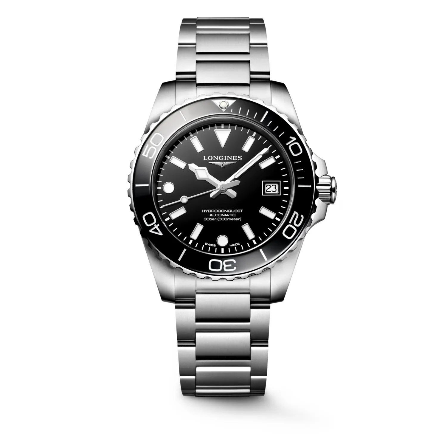 Montre HYDROCONQUEST lunette céramique noire, Bracelet acier, Cadran noir laqué poli - LONGINES