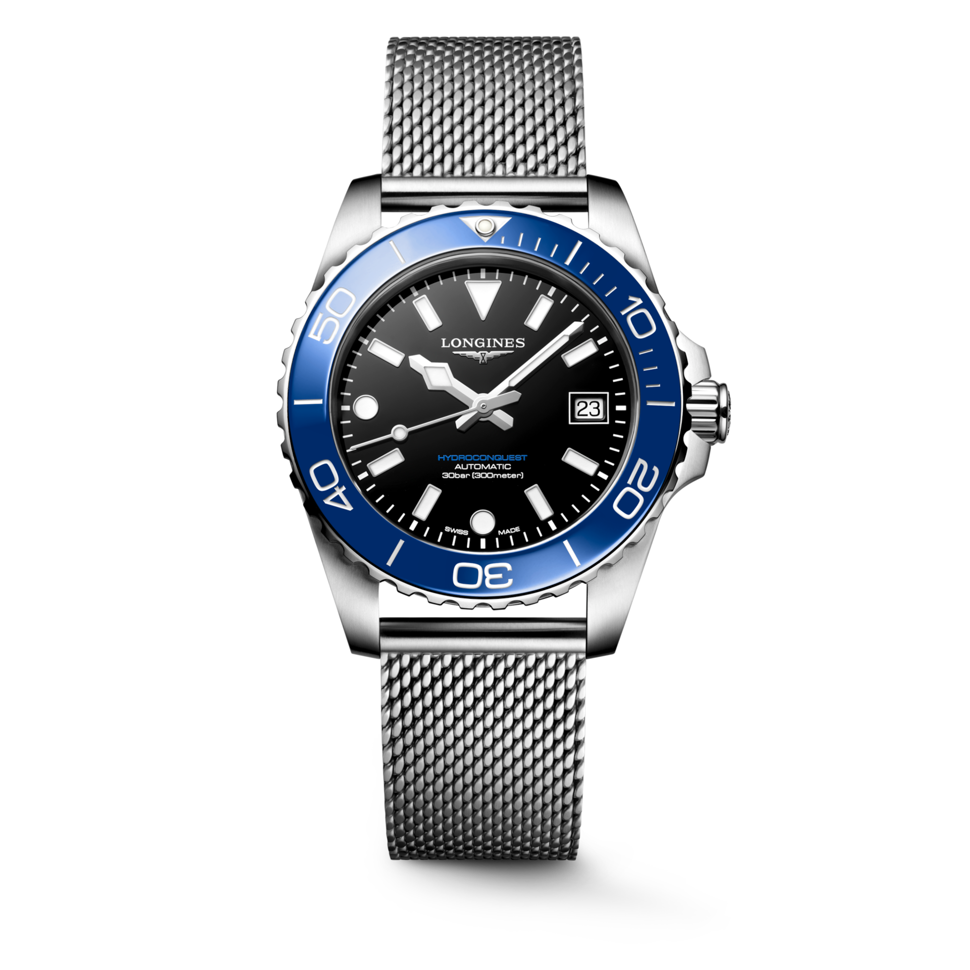 Montre HYDROCONQUEST lunette céramique bleue, Bracelet Milanais acier, Cadran noir laqué poli - LONGINES