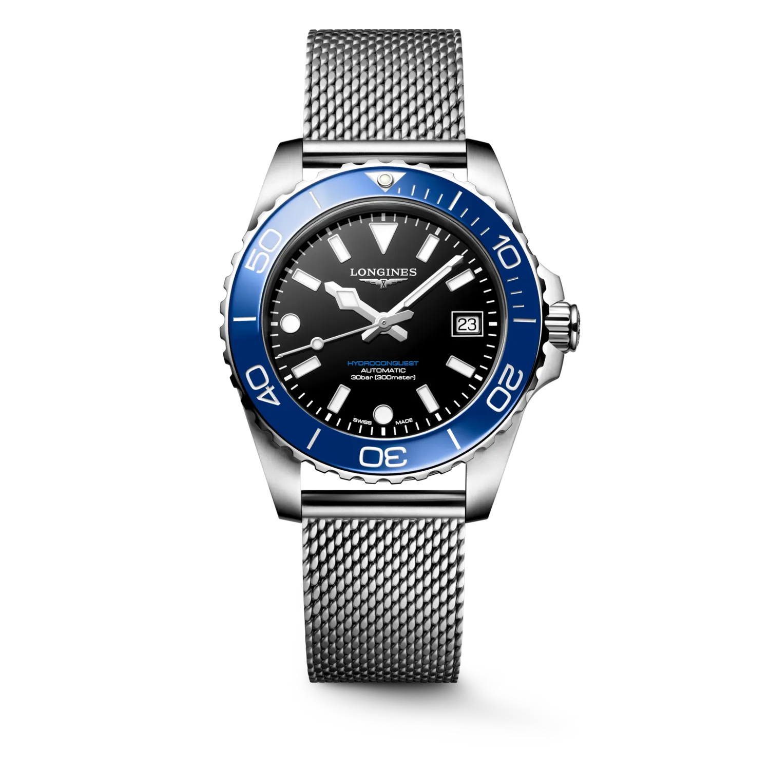 Montre HYDROCONQUEST lunette céramique bleue, Bracelet Milanais acier, Cadran noir laqué poli - LONGINES