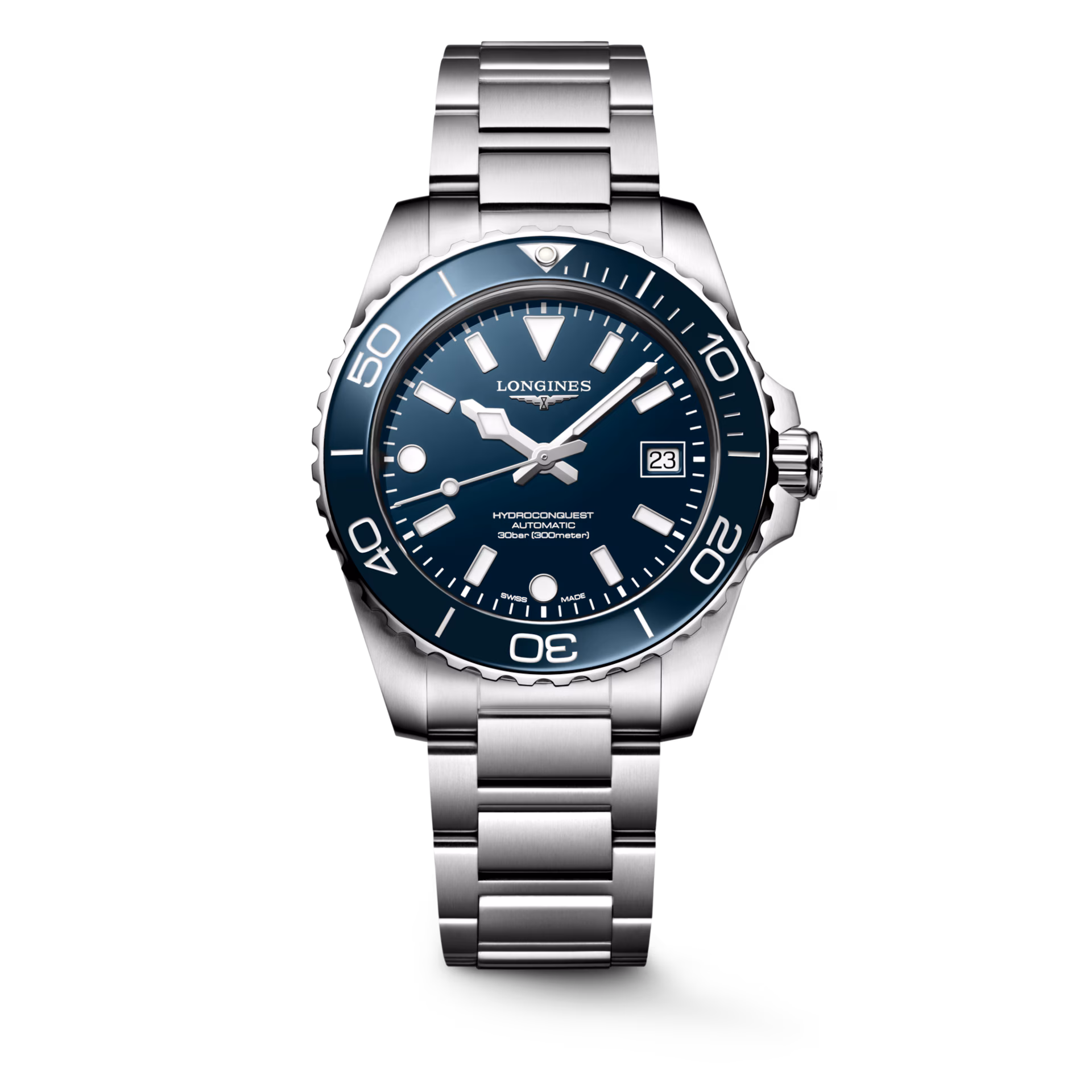 Montre HYDROCONQUEST lunette céramique bleu, Bracelet acier, Cadran bleu laqué poli - LONGINES