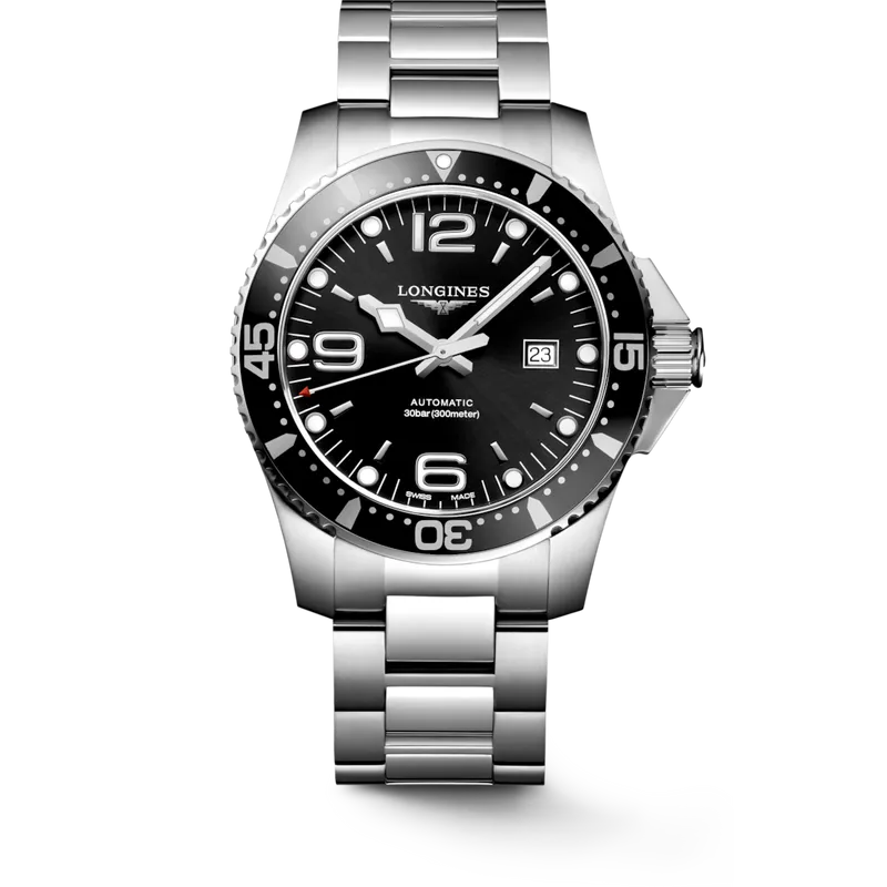 Montre HYDROCONQUEST Automatique 44mm, Bracelet acier, Cadran noir soleillé - LONGINES