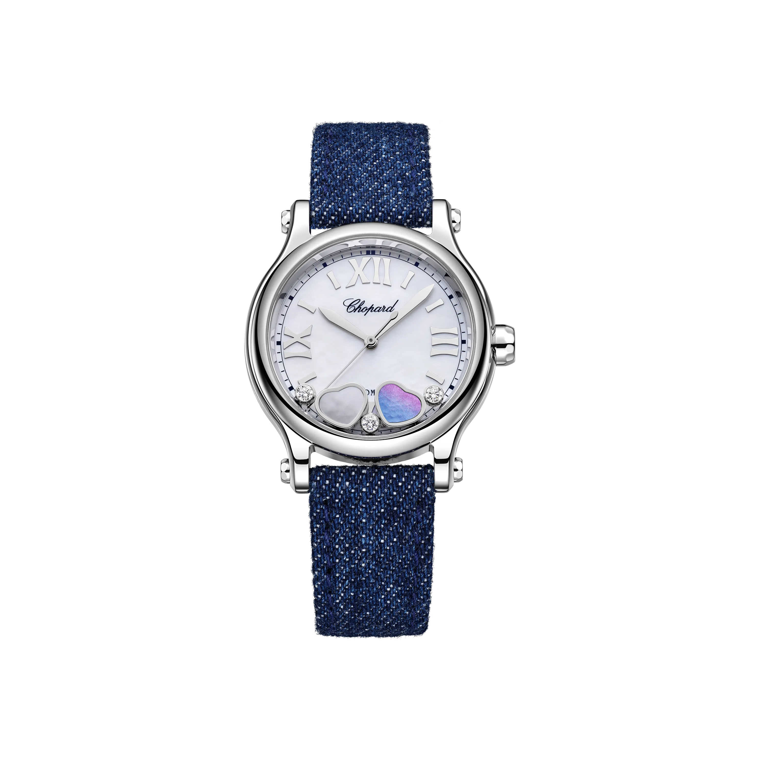Montre HAPPY HEARTS 33mm Automatique, Bracelet Denim bleu, Boucle ardillon, Cadran nacre blanche chiffres romains - CHOPARD