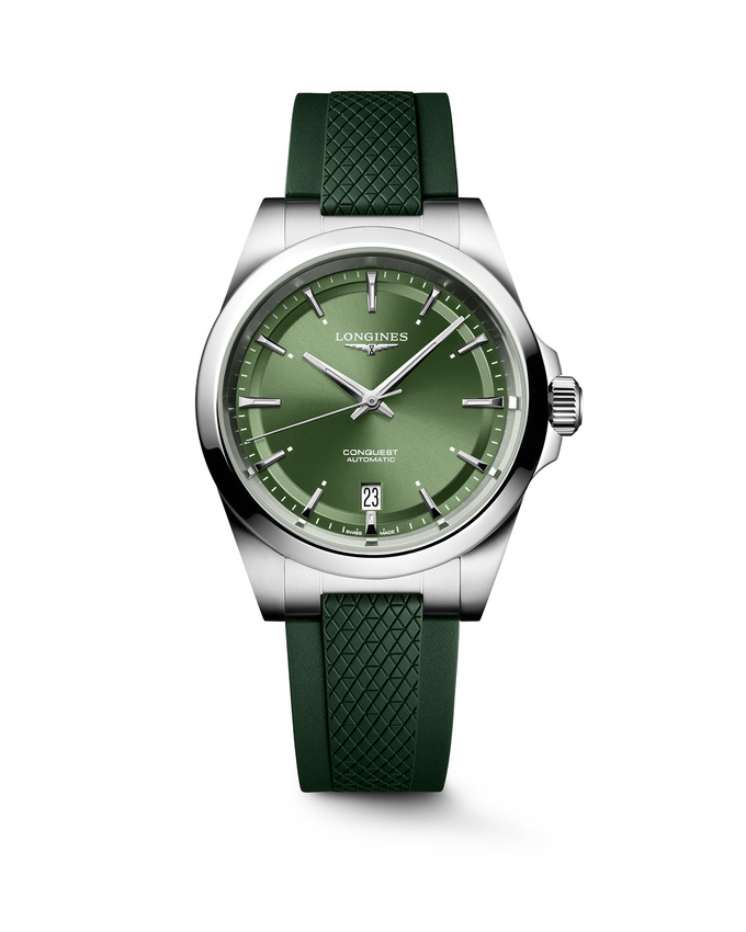 Montre CONQUEST, Bracelet caoutchouc vert, Boucle déployante, Cadran vert soleillé