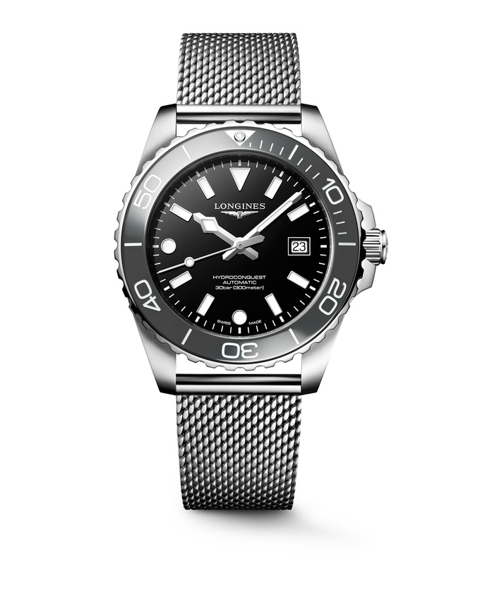 Montre HYDROCONQUEST lunette céramique grise, Bracelet Milanais acier, Cadran noir laqué poli