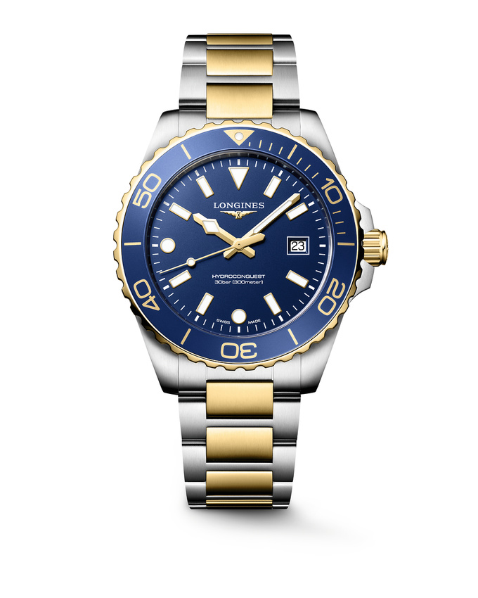 Montre HYDROCONQUEST bicolore lunette céramique bleue, Bracelet acier et PVD jaune, Cadran bleu sablé - LONGINES