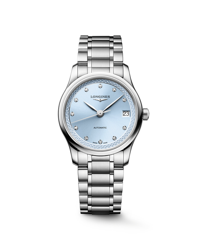 Montre LONGINES MASTER COLLECTION, Bracelet acier, Cadran bleu givré index diamants