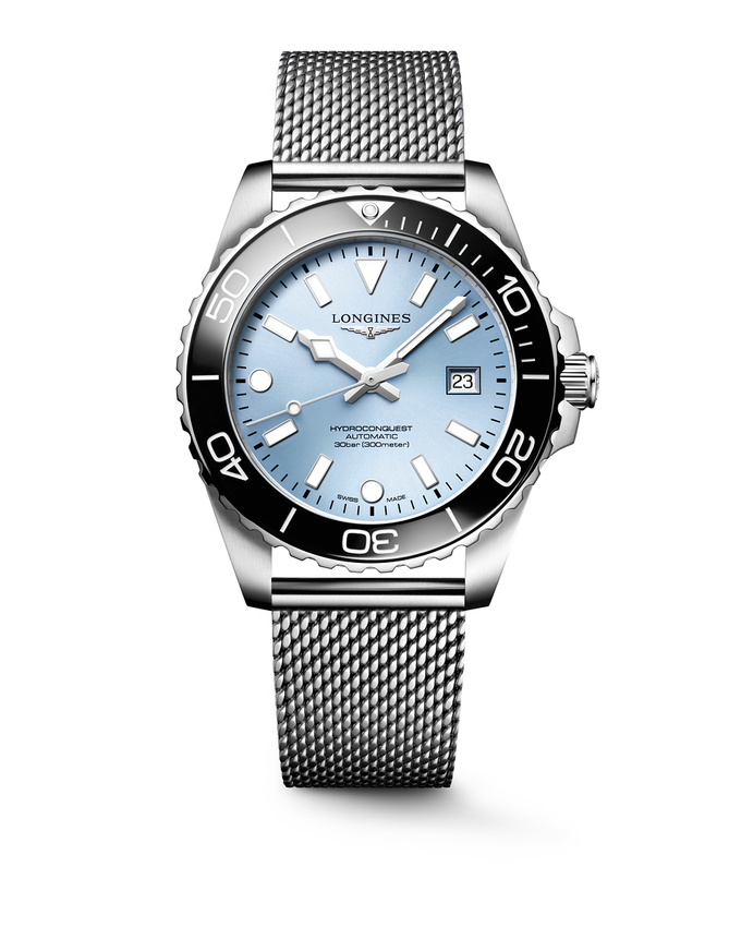 Montre HYDROCONQUEST lunette céramique noire, Bracelet Milanais acier, Cadran bleu givré soleillé