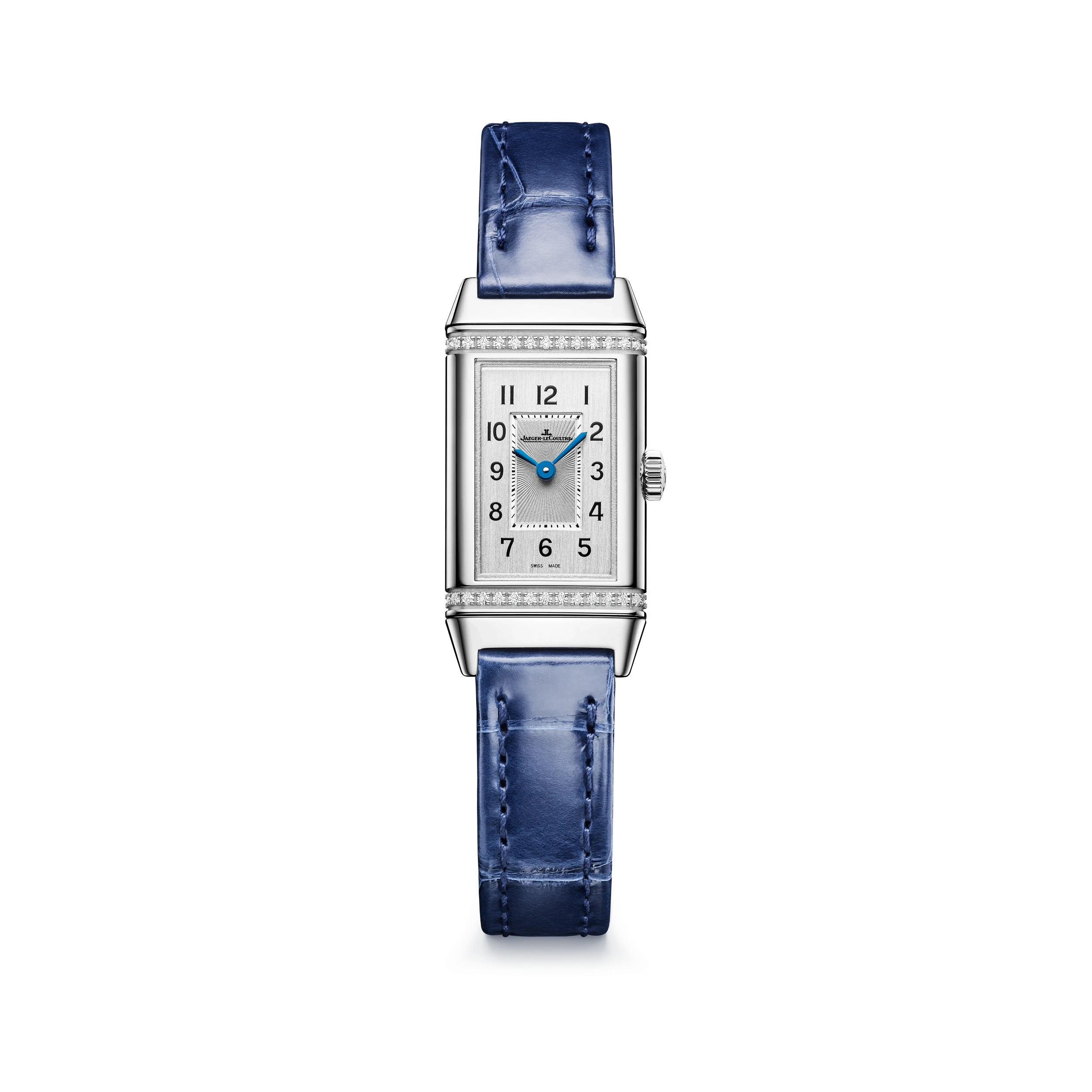 Montre REVERSO CLASSIC "Origin" sertie diamants, Bracelet alligator bleu, Boucle ardillon, Cadran argenté guilloché et brossé vertical - JAEGER-LECOULTRE